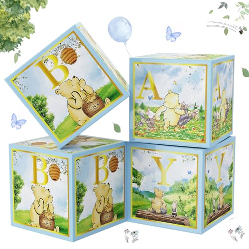 Classic Winnie Baby Shower Boxes Blue for Newborn Baby Boy Girl, Vintage Winnie Bear First 1st Birthday Party Decorations the Pooh Theme Box Block Supplies for Kids Cake Smash Photography Favor Props - style: Blue Baby Box
