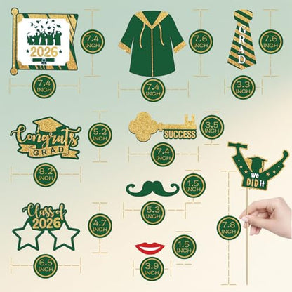 JOJO FLY 21 Pieces Graduation Photo Booth Props 2026, Green and Gold Graduation Decorations 2026, Class of 2026, Grad Party Supplies