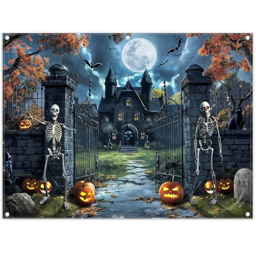 8x6ft Fabric Castle Halloween Backdrop Full Moon Night Scary Skeleton Pumpkin Bat Haunted House Photography Background Spooky Party Decor Photo Props - size: 8'x6'
