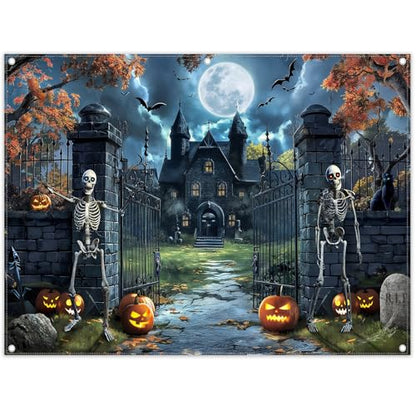 8x6ft Fabric Castle Halloween Backdrop Full Moon Night Scary Skeleton Pumpkin Bat Haunted House Photography Background Spooky Party Decor Photo Props - size: 8'x6'