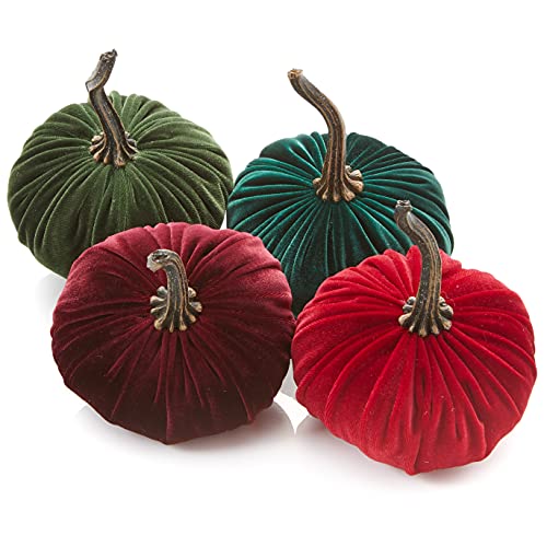 Set of 4 Small Velvet Pumpkins, elegant fall home decor tablescape, hygge home, cozy autumn vibe, gift set for hostess, Thanksgiving centerpiece, wedding decor (Burgundy, Red, Olive, Emerald) - color: Burgundy, Red, Olive, Emerald