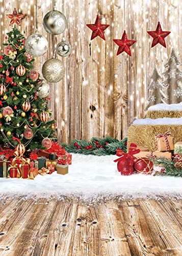 5x7Ft Christmas Backdrops for Photography Winter Snow Backdrop Rustic Wood Floor Backdrop Xmas Tree Gift Christmas Family Party Background - size: 5x7ft