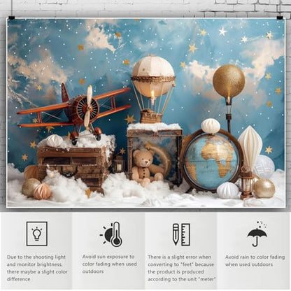 YongFoto Travel Adventure Theme Backdrop 5x3ft Cute Clouds Sky Stars Bear Globe Photography Background Adventure Awaits Baby Shower Girl Boy 1st 2nd Birthday Party Banner Kids Portraits Photoshoot - color: Style 4, size: 5ftx3ft