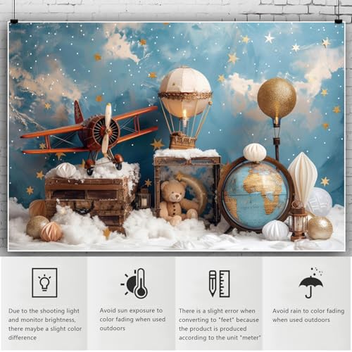 YongFoto Travel Adventure Theme Backdrop 7x5ft Cute Clouds Sky Stars Bear Globe Photography Background Adventure Awaits Baby Shower Girl Boy 1st 2nd Birthday Party Banner Kids Portraits Photoshoot - color: Style 4, size: 7ftx5ft
