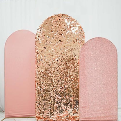 Efavormart Set of 3 Blush Rose Gold Chiara Arch Backdrop Covers (7ft/6ft/5ft), Round Top Snug Fit, Double-Sided Big Sequin, Tinsel & Spandex Mixed Texture for Wedding, Baby Shower, Events - color: Blue/Rose Gold