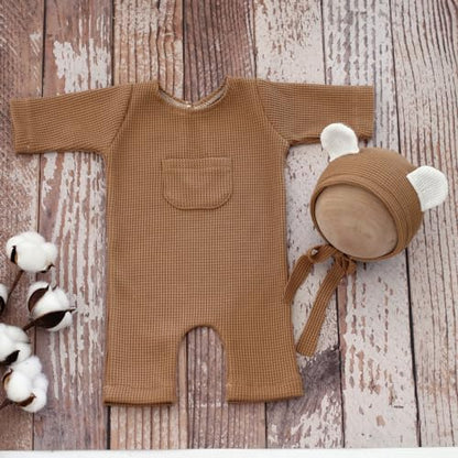 Newborn Baby Photo Shoot Props Girl Boy Crochet Knit Hat Costume Stripe Hat Pants Overalls Photography Props - color: Camel