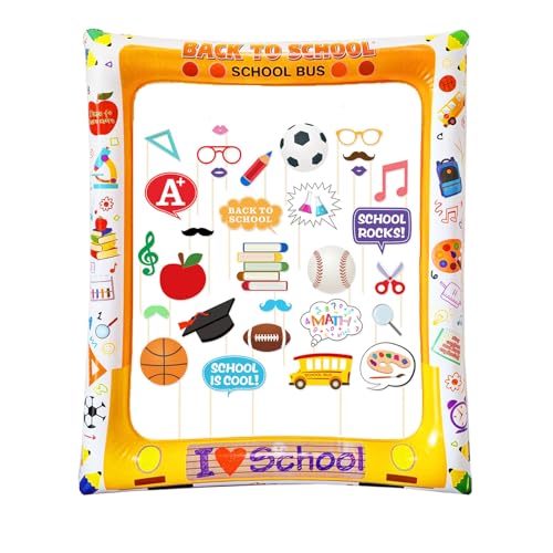 30PCS Back to School Photo Booth Props, Inflatable School Bus Theme Photo Booth Frame Selfie Props for First Day of School Decorations Welcome Back to School Party Supplies - color: Back to School
