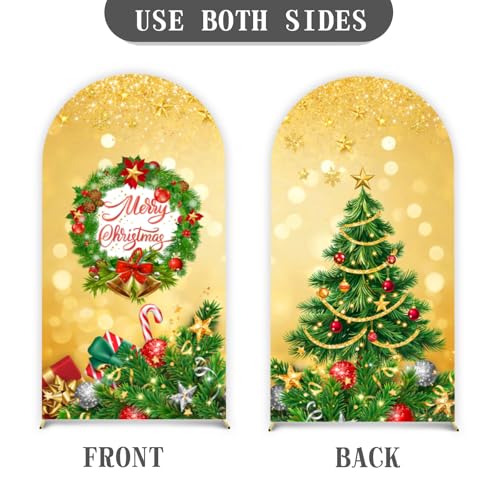 Merry Christmas Arch Backdrop Stand Cover 7.2ft Gold Arch Wall Backdrop Christmas Day Round Top Cover Spandex Fabric 2-Sided for Winter Party Xmas Family Holiday Photo - color: Christmas2, size: 7.2FT