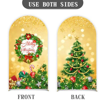 Merry Christmas Arch Backdrop Stand Cover 7.2ft Gold Arch Wall Backdrop Christmas Day Round Top Cover Spandex Fabric 2-Sided for Winter Party Xmas Family Holiday Photo - color: Christmas2, size: 7.2FT