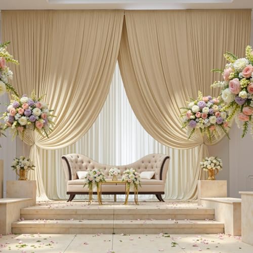 20ft×12ft Wrinkle Free Champagne Backdrop Curtain for Wedding Parties, 4 Panels 5×12ft Long Silky Polyester Fabric Backdrop Drapes Photo Back Drop Curtains for Birthday Photography Background Cloth - color: Beige, size: 12ft Long_4 Panels
