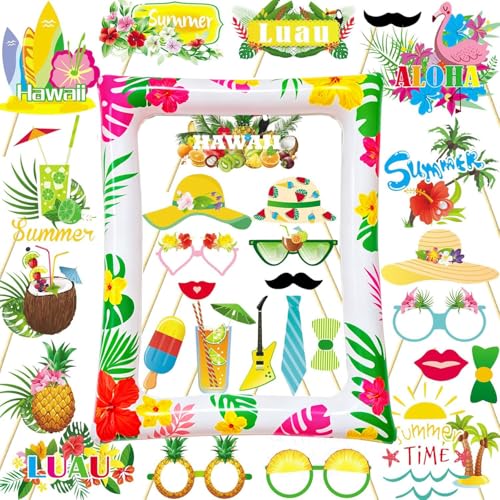 29 PCS Hawaiian Party Photo Booth Props Kit, LMSHOWOWO Inflatable Hawaiian Photo Booth Frame Selfie Frame, Funny Summer Luau Photo Booth Props for Hawaiian Tropical Tiki Summer Pool Party Supplies - color: Colorful Hawaiian