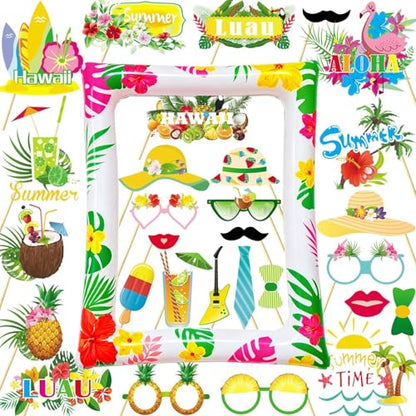 29 PCS Hawaiian Party Photo Booth Props Kit, LMSHOWOWO Inflatable Hawaiian Photo Booth Frame Selfie Frame, Funny Summer Luau Photo Booth Props for Hawaiian Tropical Tiki Summer Pool Party Supplies - color: Colorful Hawaiian