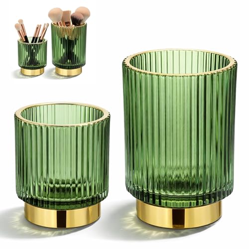 2 Pack Glass Makeup Brush Holder Organizer, Crystal Glass Toothbrush Holders, Desk Pen Pencil Holder, Multifunctional Vintage Brush Cup for Desk Vanity Bathroom Bedroom
