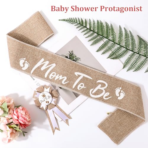 Jeffdad Neutral Burlap Mom to Be Sash Dad to Be Pin Baby Shower Decorations, Mommy to Be Sash Baby Shower Corsage for Gender Reveals Party Decorations for Pregnant Keepsake Gifts
