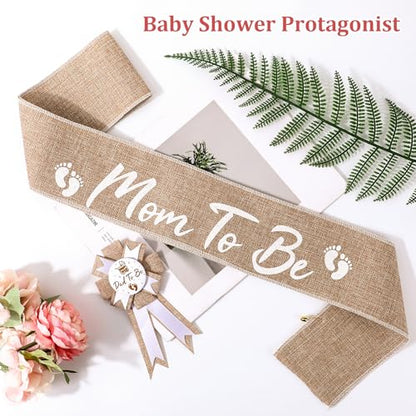 Jeffdad Neutral Burlap Mom to Be Sash Dad to Be Pin Baby Shower Decorations, Mommy to Be Sash Baby Shower Corsage for Gender Reveals Party Decorations for Pregnant Keepsake Gifts