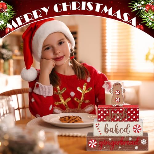 Geelin 4 Pcs Wooden Christmas Tabletop Decor Gingerbread Man Tiered Tray Decor Christmas Centerpiece Rustic Decorative Block Signs Gift Farmhouse Table Decoration for Home Kitchen - style: Gingerbread