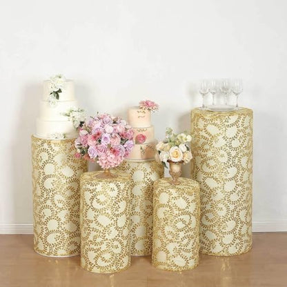Efavormart Set of 5 Gold Sequin Mesh Cylinder Display Box Stand Covers with Leaf Vine Embroidery, Sparkly Sheer Tulle Pedestal Pillar Prop Covers - color: Gold, size: Sequin Mesh Cylinder Covers - Leaf Pattern