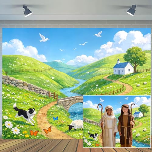 8 x 6 ft Emerald Isle Adventure Theme Backdrop Countryside Bible School Extra Big Building Sheep Backdrop 2026 Vacation Holiday Classroom Room Wall Decor Photo Booth Prop - color: Multi2, size: 8X6FT