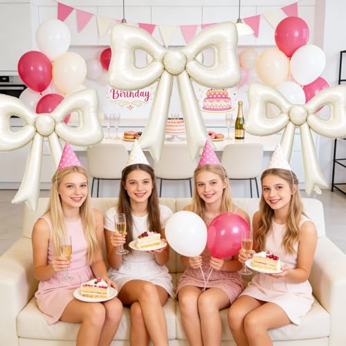 6 Pcs Cream Bow Balloons, 30 Inch Beige Bow Foil Balloon, Cream White Cutout Balloons, for Girls Women Wedding Engagement Bridal Valentine’s Day Proposal Baby Shower Birthday Party Decorations - style: Hollow Bow Cream
