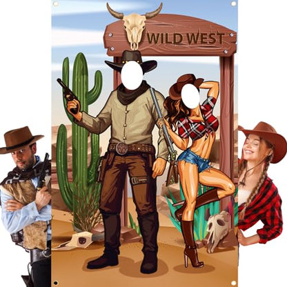 Tudomro 73 x 47 Inch Western Cowboy Backdrop Party Decorations Wild West Large Photo Booth Props Background Door Banner Cowboy Themed Funny Games Supplies for Birthday Party Men - style: Wild West