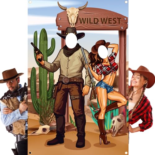 Tudomro 73 x 47 Inch Western Cowboy Backdrop Party Decorations Wild West Large Photo Booth Props Background Door Banner Cowboy Themed Funny Games Supplies for Birthday Party Men - style: Wild West