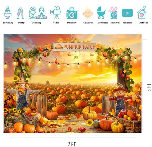 7X5FT Fall Backdrop Photography Pumpkin Patch Backdrops Autumn Harvest Backgroud Rural Scenery Back Drop Thanksgiving Party Banner Photo Booth Props D910 - size: 7x5ft