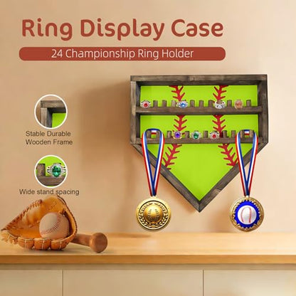 Softball Baseball Ring Holder Display Case, Championship Ring Display case Wood, 24 Ring Posts, Sports Medal Wall Mount Display Shelft Box for Girl Women - color: Light Green