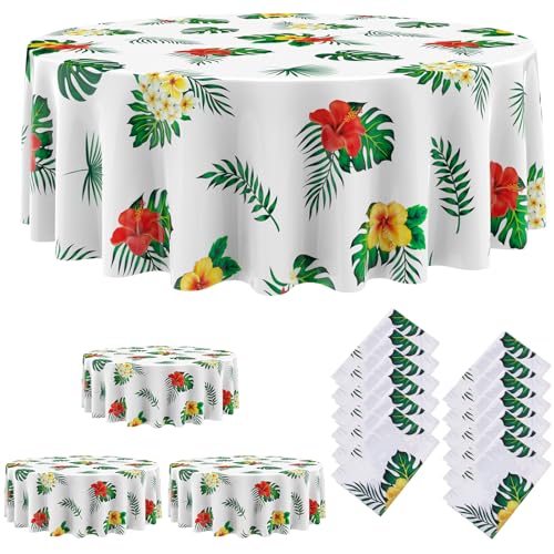 Oudain 84" Round Hawaiian Tablecloths, lagre Tropical Luau Plastic Table Covers with Palm Leaves & Hibiscus Flower, Aloha Summer Beach Pool Party Decorations Supplies(White,12 Pcs) - color: White