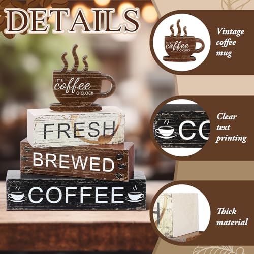 Geelin 4 Pcs Coffee Bar Decor Wood Blocks Mini Coffee Bar Wooden Signs Book Stacks Accessories Rustic Table Sign Farmhouse Tiered Tray Decor for Home Table - style: Coffee