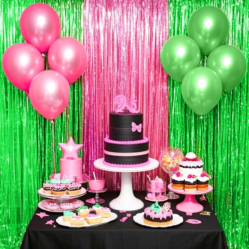 4 Packs Pink and Green Foil Fringe Curtain, Pink Green Metallic Tinsel Backdrop for Birthday, Baby Shower, Princess Bachelorette Party, Witch Party Decorations Supplies - color: Pink Green
