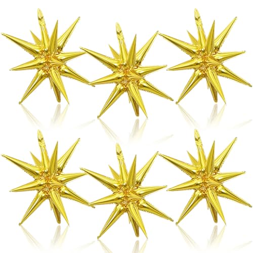 6Pcs Gold Star Foil Balloons, 22 Inch Metallic Gold Explosion Star Cone Spike Balloons Large for Birthday Graduation Wedding Anniversary New Year Party Backdrop Decorations - color: Gold