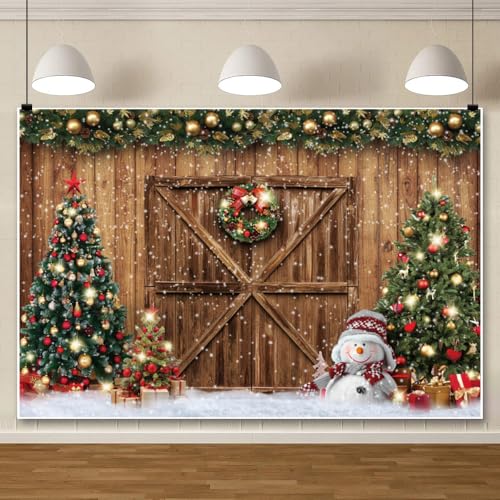 5x3ft Christmas Barn Backdrop Xmas Tree Snowy Winter Rustic Wood Door Background Snowflake Snowman New Year Party Decoration Family Photo Studio Props - color: Brown Green White, size: 5x3ft