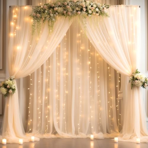 20x10ft Champagne Tulle Backdrop Curtain with Lights String for Parites, Sheer Backdrop Curtains for Wedding Baby Shower Birthday Party Photo Shoot Decorations - color: Champagne, size: 20ft x 10ft(4 Panels 5*10ft)