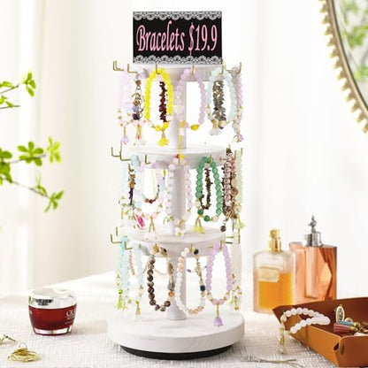 Pinzoveco Bracelet Holder, 3 Tier Wooden Rotating Bracelet Display Stand, Tree Stand Vendor Booth Display with Adversitsing Board, 36 Hooks for Bracelet, KeyChain Display Stand, White (Patent Pending) - color: Weathered White