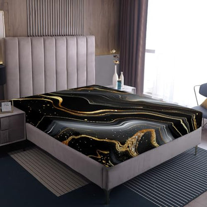Erosebridal Gold Black Marble Bedding Set for Kids, Gold Glitter Abstract Marbling Bed Sheets Metallic Marble Texture Fitted Sheet Ombre Stone Pattern Fluid Bed Set Queen Size with 2 Pillow Cases - color: Black Gold, size: Queen
