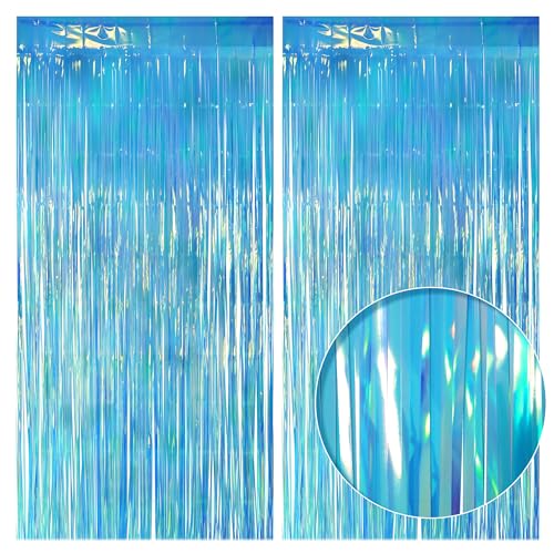 2 Pack Blue Iridescent Streamers Backdrop, 3.3x6.6ft Foil Fringe Curtains Holographic Door Tinsel Streamers for Birthday, Wedding, Holiday, Bachelorette, Christmas, Winter Theme Party Decorations - color: Blue, size: 2 Pack