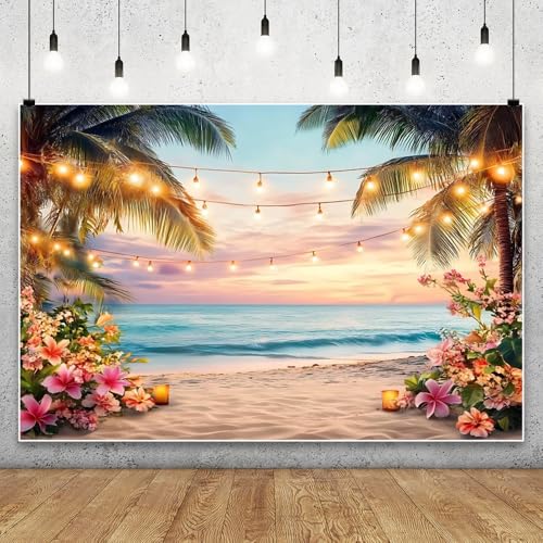 Yeele 7x5ft Sea Beach Backdrop for Photography Summer Tropical Floral Palm Trees Ocean Wave Sunset Sea Scenic Background for Hawaii Holiday Travel Kids Adults Family Portrait Photo Shoot Props - size: 7x5ft