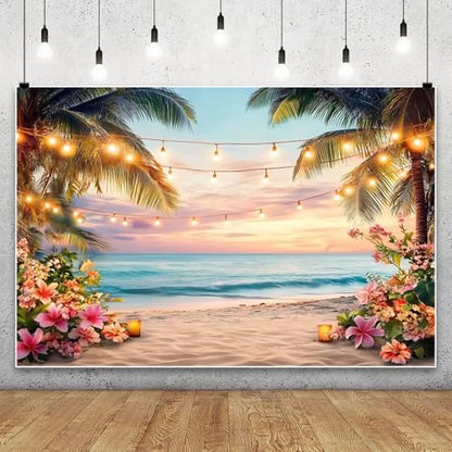 Yeele 9x6ft Sea Beach Backdrop for Photography Summer Tropical Floral Palm Trees Ocean Wave Sunset Sea Scenic Background for Hawaii Holiday Travel Kids Adults Family Portrait Photo Shoot Props - size: 9x6ft