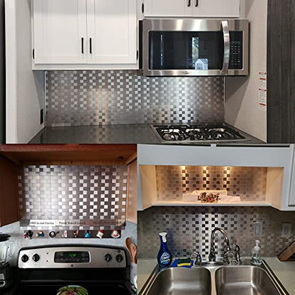 Yipscazo 10-Sheets Peel and Stick Backsplashes for Kitchen, Stick on Backsplash Stainless Steel Metal Tiles for Kitchen Walls, Stainless Steel Backsplash for Range Hood Wall Shield (12''x12'') - color: Square + Rectangle
