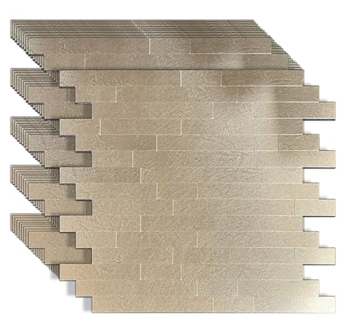 10 Sheets Peel and Stick Backsplash Tile for Kitchen, Self-Adhesive Mosaic Tile, Stick on Bathroom Vanities，Fireplace Décor, Laundry Table (Metal Champagne Wooden Texture) - color: Metal Champagne Wooden Texture
