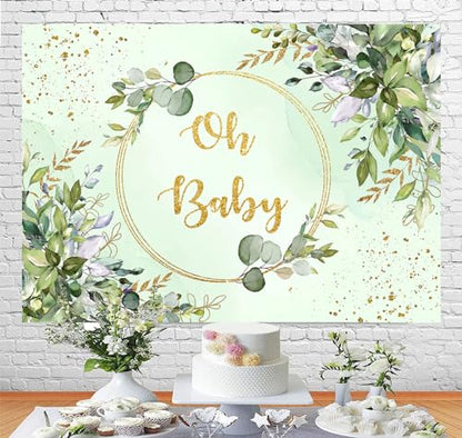 Sensfun Sage Green Baby Shower Backdrop Neutral Baby Shower Decorations Greenery Eucalyptus Gold Oh Baby Banner Photography Background for Boy Girl Gender Reveal Party Supplies Photo Booth Props 8x6ft - size: 8X6ft