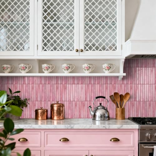 VICCI 20-Sheet Subway Tile Stickers, 3D Textured Blush Pink Peel and Stick Backsplash 4.72x9.68, No-Grout Removable - color: Blush Pink