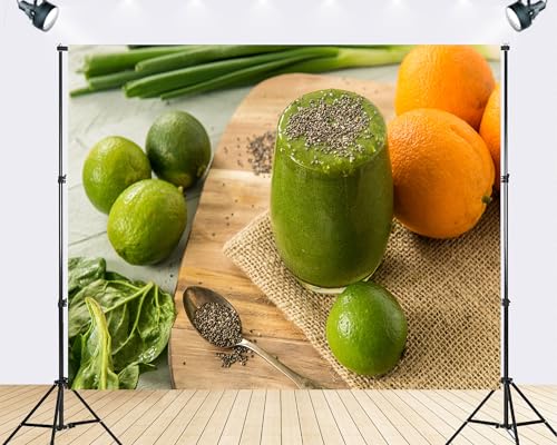 Trykid 6x6ft Green Detox Smoothie Backdrop Chia Seed Lime Orange Spinach Drink Scenery Photography Background Food Wedding Party Decoration Tapestry Photo Booth Prop Fabric - size: 6x6ft