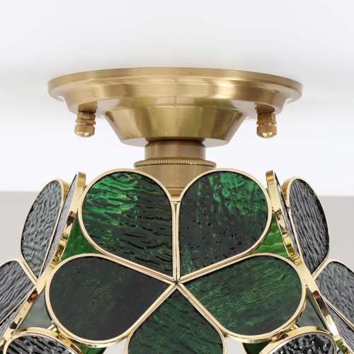 Bieye L10904 Flower Petals Tiffany Style Stained Glass Close to Ceiling Light for Home Decor (Textured Deep Green, 8" Cherry Blossom) - color: Textured Deep Green, size: 8" Cherry Blossom