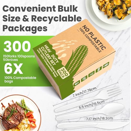 Compostable Utensils Set (300Pack), Heavy Duty & Eco-Friendly No-Plastic Spoons, Forks, Knives Cutlery Set - 100% Disposable Cornstarch Flatware for Lounge Party Wedding BBQ Picnic Camping - size: 300Pack Utensil Set