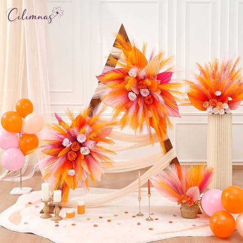 50pcs Faux Pampas Grass,17.7" Artificial Fluffy Pampas Grass Decor Short Fake Pompos for Home Room Birthday Party Centerpieces Decoration(Orange&Burgundy) - color: Orange