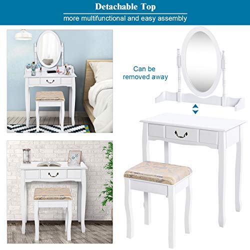 Giantex White Vanity Table Set with Stool, Dressing Table for Girls Women Mirror Makeup Table Desk Room Vanity Dresser, Large Bedroom Vanities w/Drawer
