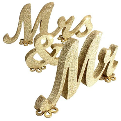 Mr & Mrs Signs Rustic Wooden Freestanding Letters - Anniversary & Wedding Decoration, Golden Flower Pads - color: Golden with flower pads
