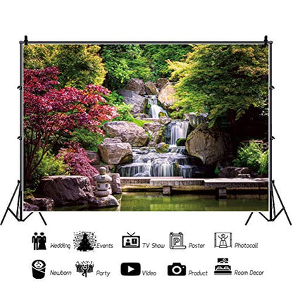 10x7ft Japan Garden Landscape Backdrop Waterfall Backdrop Maple Trees Bridge Kyoto Garden Travel Scenery Photography Background Japanese Backdrops for Photoshoot - size: 10x7ft