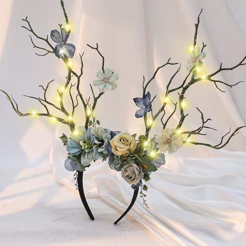 MOSTORY Woodland Deer Antler Headband - Fairy Costume for Woman Branch Crown for Renaissance Halloween Renfaire Cosplay - color: Blue